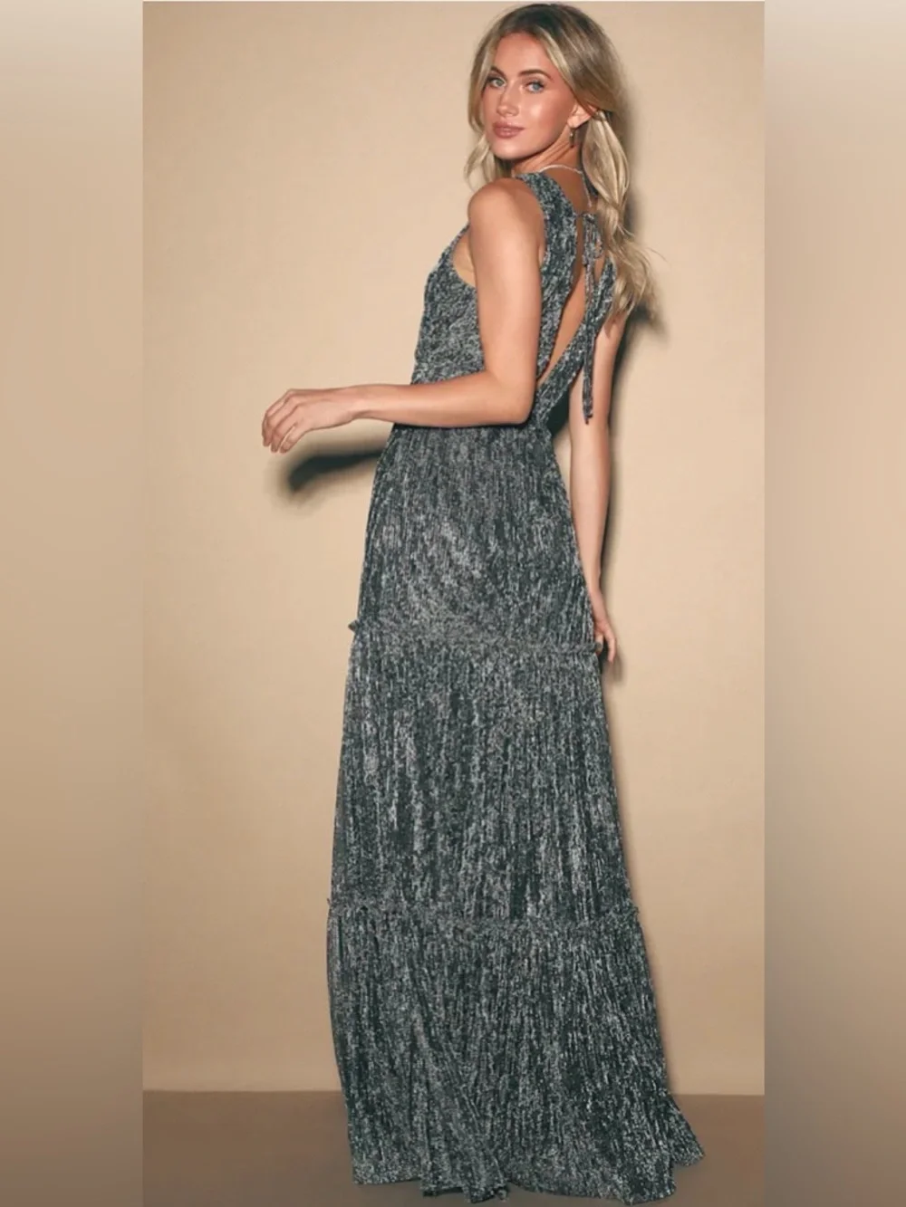 Lulus Metallic Maxi Dress Silver Tiered Plissé VNeck M Screen Worn The Boys - Picture 3 of 12